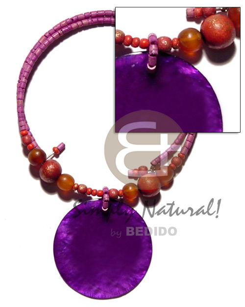 lavender 2-3mm coco heishe choker wire  bone & wood beads accent & 50mm lavender round hammershell pendant - Necklace with Pendant