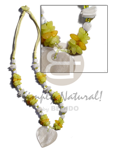 yellow 3 layer wax cord  buri seeds, shell & white rose beads combination  35mm heart hammershell pendant - Necklace with Pendant