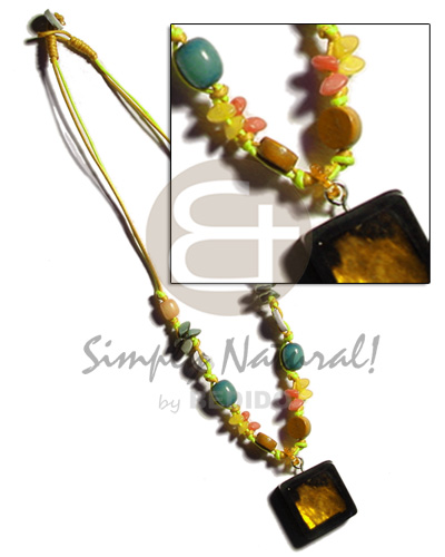 buri seeds in yellow double wax cord  square inlaid capiz pendant laminated in resin - Necklace with Pendant