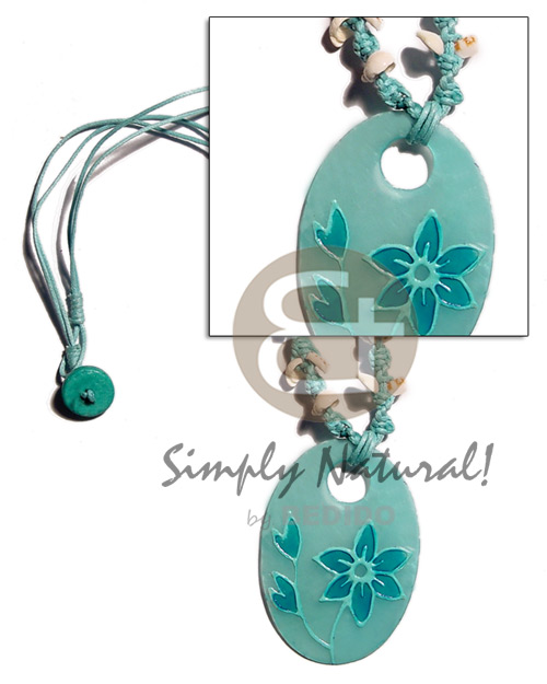 2 layers knotted wax cord  puka shells accent & 45mm handpainted oval capiz - Necklace with Pendant