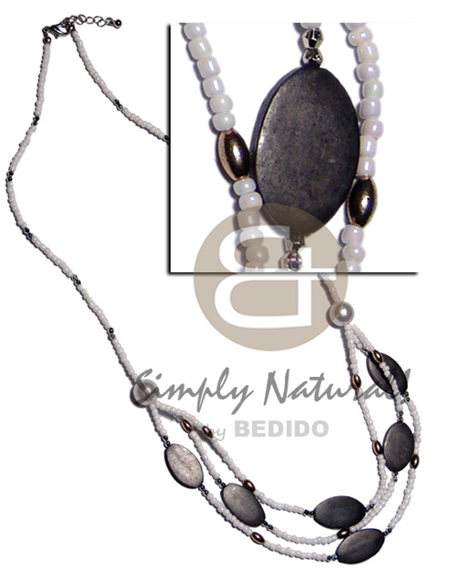 white glass beads  layered carabao oval black horn combination - Necklace with Pendant