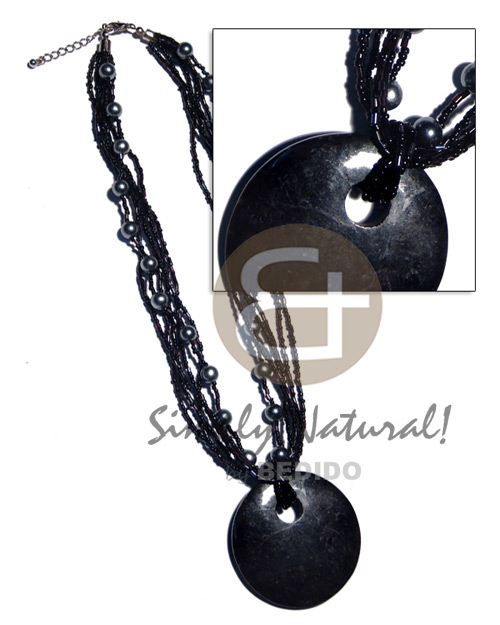 6 rows black glass beads  pearl accent and 55mm black polished stone pendant - Necklace with Pendant