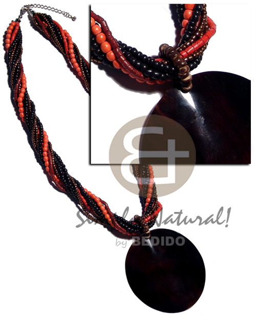 9 rows twisted - nat. white in orange wood beads,2-3mm black coco Pokalet,2-3mm orange coco heishe,2-3mm  reddish brown coco heishe, glass beads  round 80mm black tab pendant - Necklace with Pendant