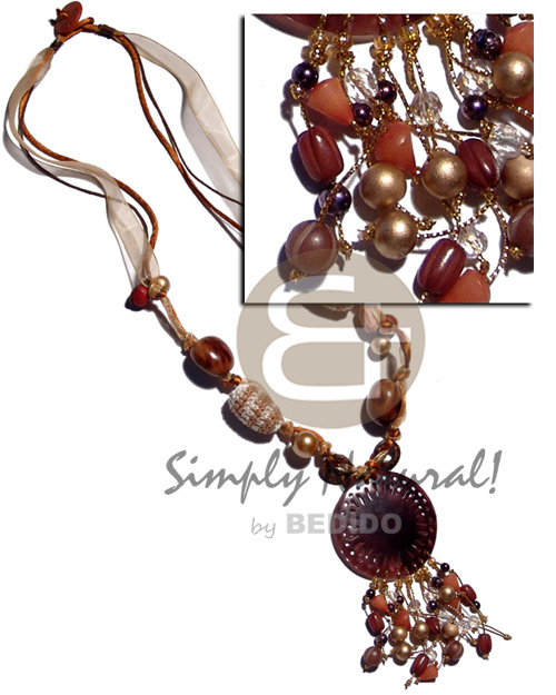 wrapped wood beads, rubber seeds, gold & red round wood beads in 3 layers knotted satin cord & gold ribbon  dnagling 55mm black tab shell, gold threads, asstd wood beads / 28 in - Necklace with Pendant