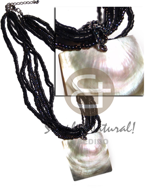 6 layers black 2-3mm coco heishe /glass beads  55mmx55mm square blacklip pendant - Necklace with Pendant