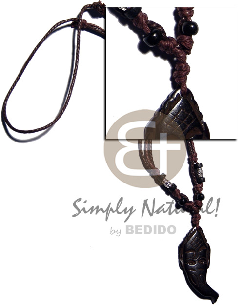 tribal carved 55mmx22mm wooden  pendant  coco Pokalet/wood beads accent in double wax cord / 23in. - Necklace with Pendant