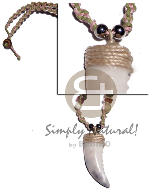 50mmx15mm cowrie shell fang pendant in macrame  rainbow hammershell accent - Necklace with Pendant