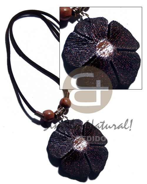 50mm flower black textured painted wood  metallic bronze splashing in dark brown leather thong - Necklace with Pendant