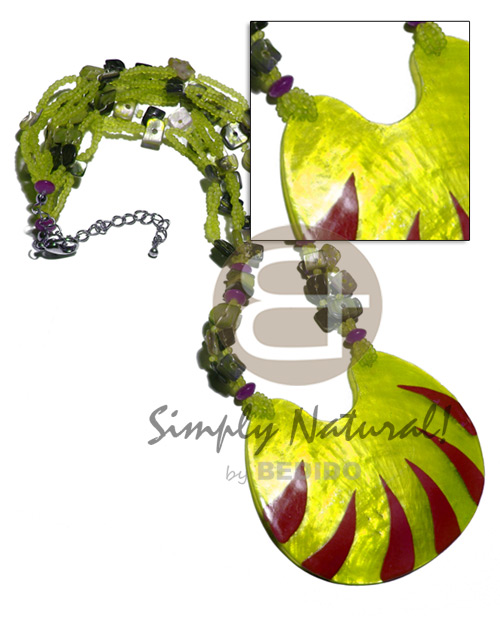 5 layers  glass beads  floating hammershell sq. cut and 75mmx65mm laminated capiz / yellow green and maroon combination / 16 in. - Necklace with Pendant