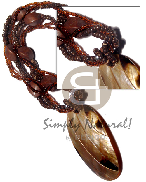 4 layers intertwined brown glass beads and 2-mm nat. brown coco Pokalet  twisted brown nat. white wood and 70mmx35mm thin oval brownlip tiger - Necklace with Pendant