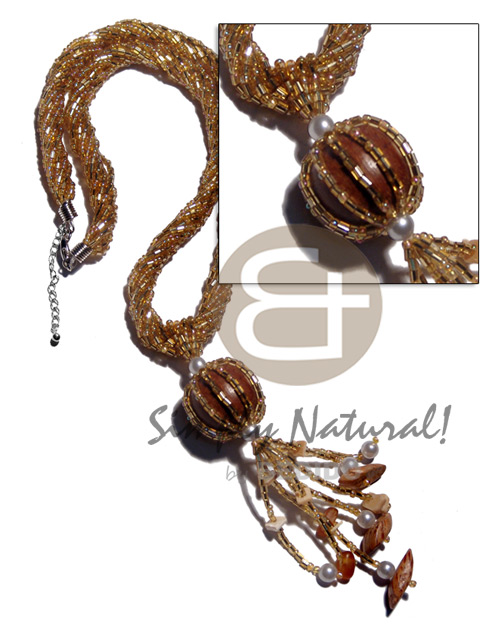 twisted 9 rows golden cut beads   tassled 20mm bayong& palmwood beads / 16in. plus 2.5in. tassles - Necklace with Pendant