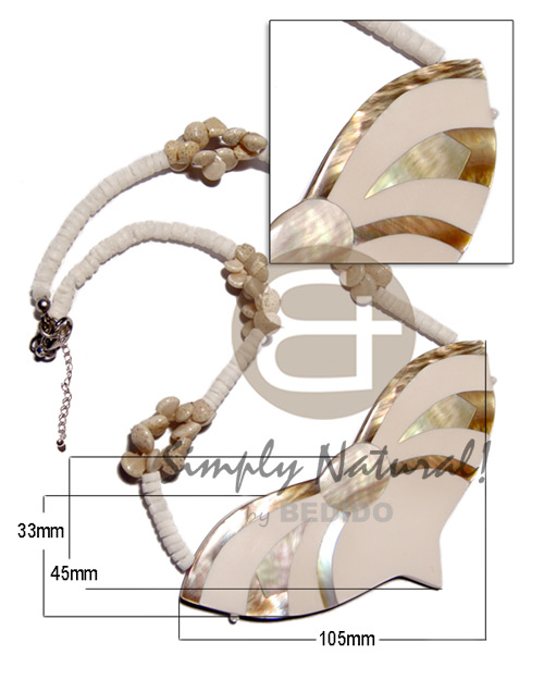 choker / 4-5mm white clam  bonium shell accent and 33mmx45mmx105mm ceramic inlaid brownlip/MOP combination pendant  resin backing /thickness 7mm /  13 in - Necklace with Pendant