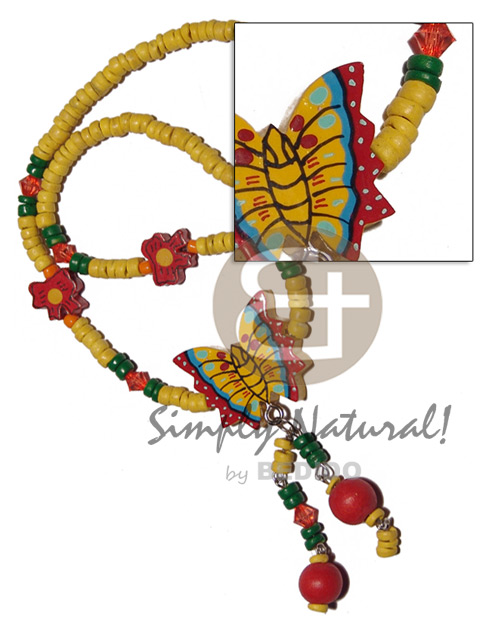 tassled 4-5mm coco Pokalet  handpainted wooden butterfly and ribbon accent / 15in plus 2 in. tassles - Necklace with Pendant