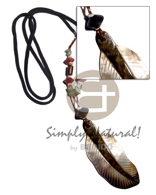corded 95mmx35mm blacklip  skin leaf pendant  wood beads and stones accent / 32 in - Necklace with Pendant