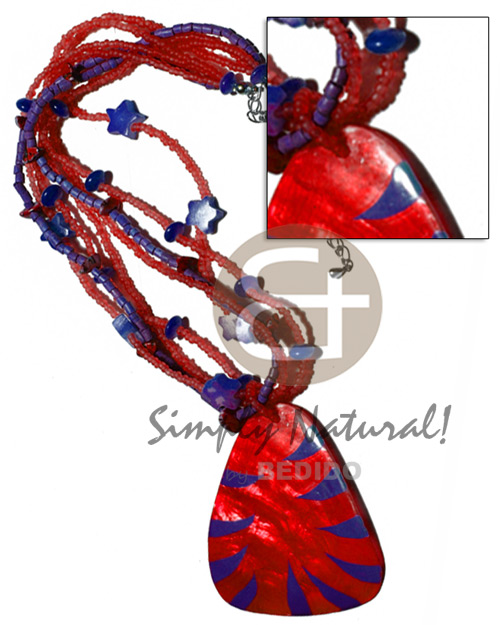 4 layers matte plastic beads, 2-3mm coco heishe combination   60mmx50mm handpainted & laminated capiz pendant /red and dark blue combination / 16in. - Necklace with Pendant