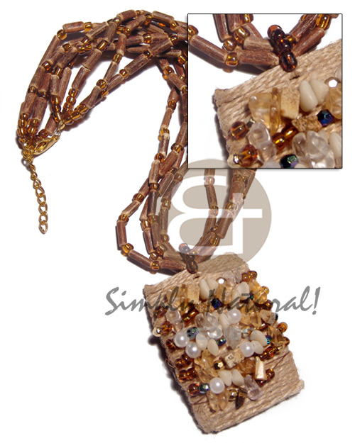 4 rows sig-id  amber glass beads combination  60mmx40mm wood wrapped in jute  asstd. buri.pearl, resin nuggets - Necklace with Pendant