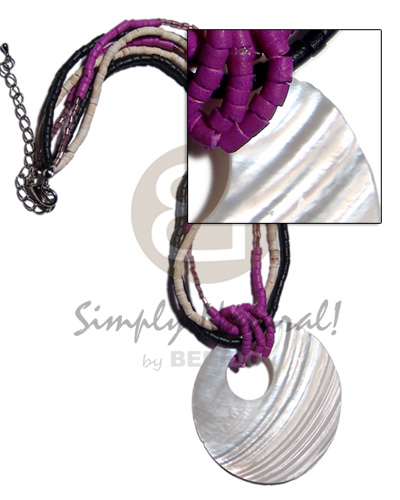 45mm round nat. kabibe shell pendant on violet/black/ bleach white combination 2-3mm coco heishe  cut glass beads combination - Necklace with Pendant