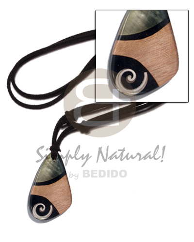 black leather thong  uneven teardrop pendant - everlasting luhuanus, blacklip and wood graining laminated in 45mmx40mm clear resin  black resin backing/5mm thickness /adjustable nk - Necklace with Pendant