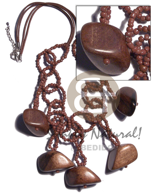 dangling  camagong tiger  hardwood chunks on brown glass bead rings and 2 rows matching  wax cord / 24 in.  ext. chain - Necklace with Pendant