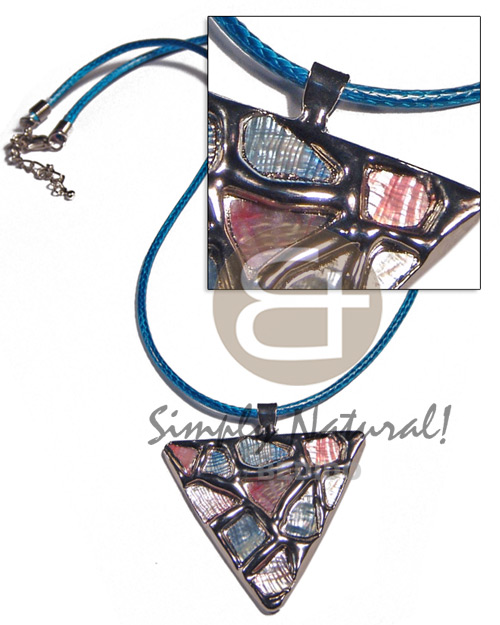 triangle 50mm glistening abalone in pastels   shiny blue woven cord neckline / molten silver metal series /  attached 5mm bell ring / electroplated/ 18in - Necklace with Pendant
