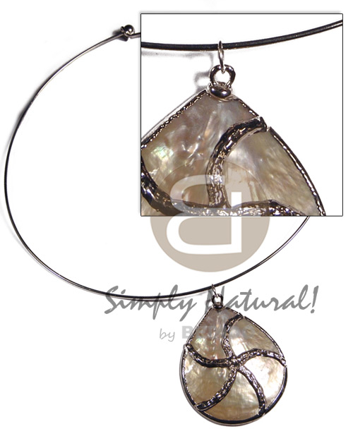 silver hoop  MOP 40mm /molten silver metal series /  attached jump rings / electroplated / jo-032 / 18in - Necklace with Pendant