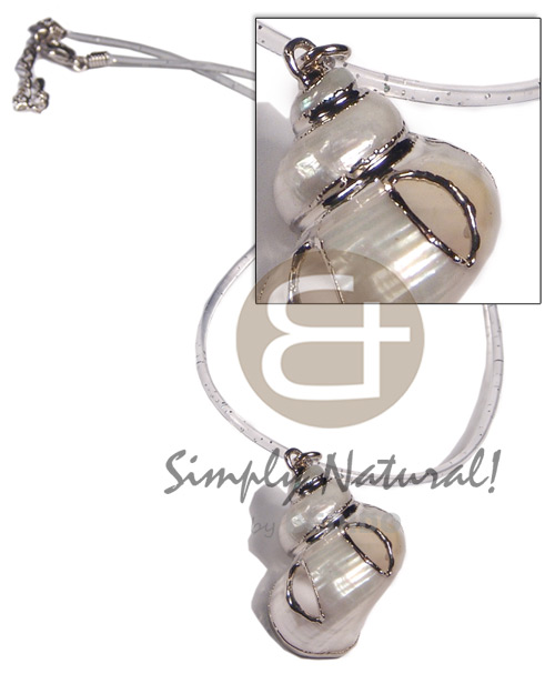 clear jelly cord  glitter and white turbo shell pendant/ turbo pitolatus (approx.  35mm - varying natural sizes ) molten silver metal series /  attached jump rings / electroplated / st-12/13 / 16in - Necklace with Pendant