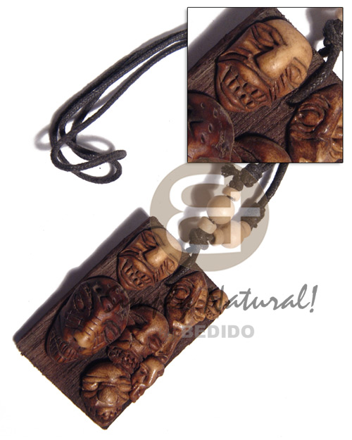 clay tribal mask on 60mmx40mm rectangular driftwood  /adjustable black wax cord /tribal clay series - Necklace with Pendant