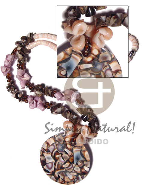 2-3mm pink luhuanus heishe   orange frog shells /brown everlasting vertagus shells / everlasting cebu beauty  combination and 50mm round black  resin  laminated shells  nicarta backing/ 20in - Necklace with Pendant