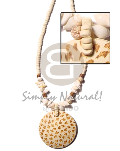 4-5 coco Pokalet bl.  50mm coco pend.  tiger burning design & white nassa shell accent
18 inches - Necklace with Pendant