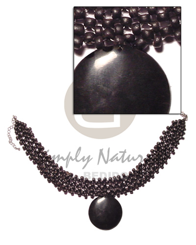 4-5mm 4 layer black coco pokalet choker  40 mm black round horn pendant - Necklace with Pendant