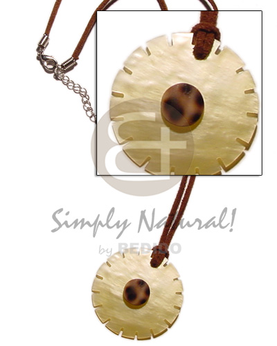 40mm MOP flower wheel  cowrie shell center  on leather thong - Necklace with Pendant