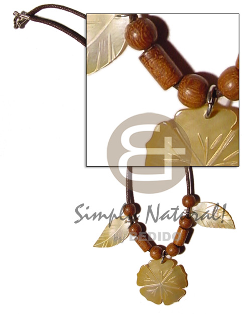 wax cord  wood beads, 30mm MOP flower pendant and 15mm leaves accent - Necklace with Pendant