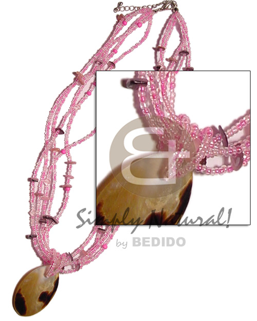 5 rows pink glass bead Necklace with Pendant