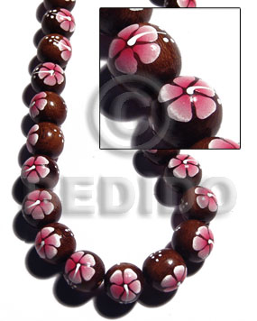 15mm robles round beads  handpainted back to back pink / white flower - Painted Wood Beads