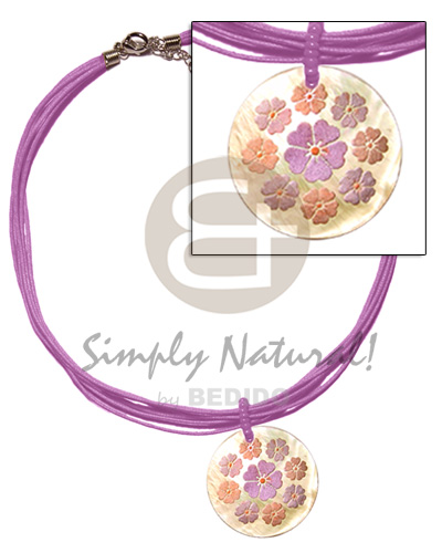 6 layer lavender wax cord  matching 40mm round handpainted MOP pendant - Pastel Color Necklace