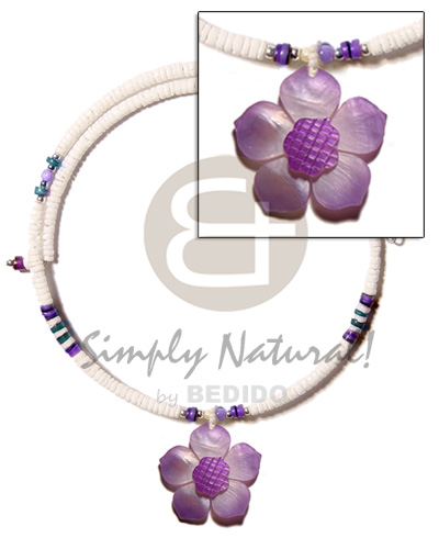 white clam 3-4mm  wire choker  hammershell heishe  accent  45mm lavender flower hammershell  groove nectar  pendant - Pastel Color Necklace