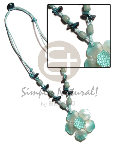 2 layer knotted aqua blue wax cord  buri & shells  accent and graduated aqua blue hammershell flower  groove pendant - Pastel Color Necklace