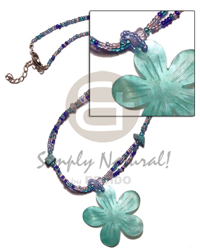 aqua blue glass beads  limestone accent & 40mm aqua blue grooved flower hammershell pendant - Pastel Color Necklace