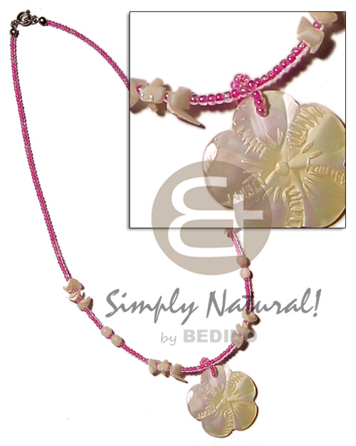 pink glass beads  shell beads combination & 40mm MOP flower pendant - Pastel Color Necklace