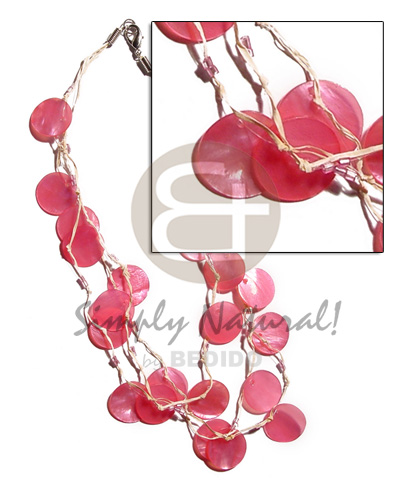 3 rows raffia in graduated length  21 pcs. round 18mm pink hammershell  and glass beads accent - Pastel Color Necklace