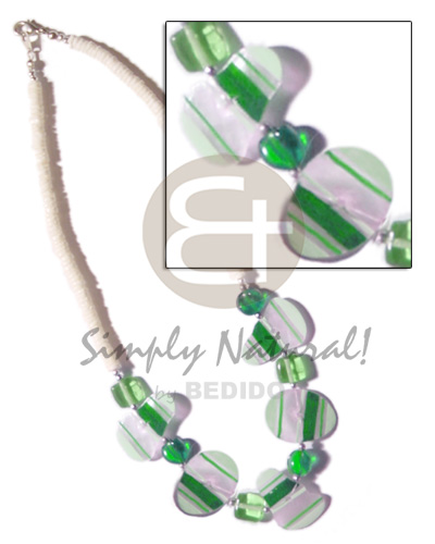 painted green striped capiz & crystals accent in 4-5mm white clam heishe - Pastel Color Necklace