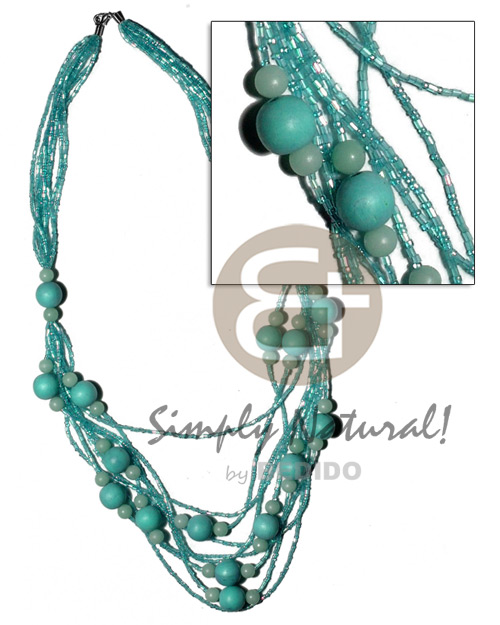 5 rows  graduated multilayered  cut glass beads   buri seeds and wood beads accent/aquamarine tones / 32 in - Pastel Color Necklace