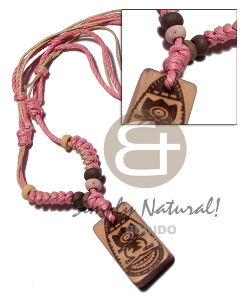 4 layers wax cord in beige/pink tones combination  35mmx20mm rectangular wood  burning pendant / adjustable - Pastel Color Necklace