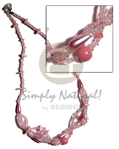 pink glass beads intertwined glass beads  white rose in pink combination - Pastel Color Necklace