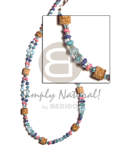 2-liner necklace mahogany  blue tones glass bds. and acrylic crystals/ pink c. Pokalet. - Pastel Color Necklace