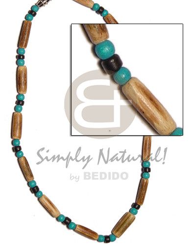 sig-ed wood tube  blue green wood beads and black coco Pokalet. - Pastel Color Necklace