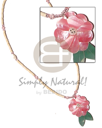 2-3 coco heishe beads  pink acrylic crystals and inlaid hammershell rose pendant - Pastel Color Necklace