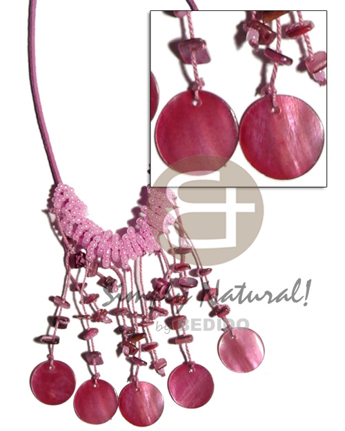 spaghetti choker / dangling old rose round hammershell  and nuggets on pink leather thong  beads - Pastel Color Necklace