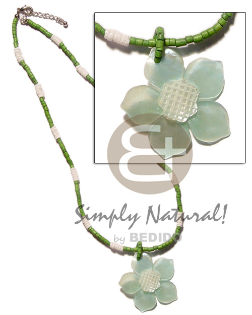 40mm dyed hammershell flower  2-3mm coco heishe green and white clam alt. - Pastel Color Necklace