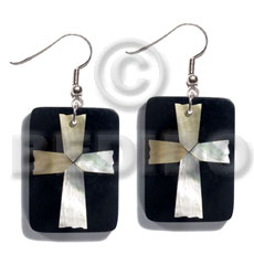 dangling 40mmx27mm rectangular black resin  laminated MOP cross - Resin Earrings